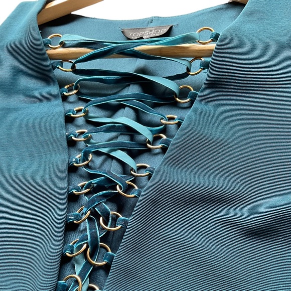 TopShop Old Money Blue BodyCon Dress W/ Deep V (6) - Picture 8 of 11